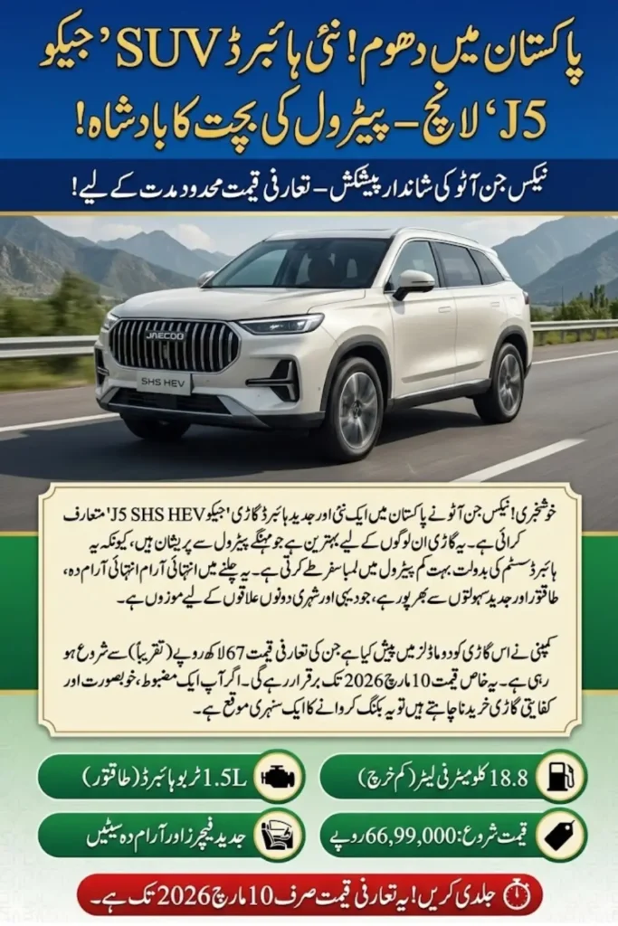 JAECOO J5 SHS HEV Launched in Pakistan: Price Variants Features and Specifications Check Now