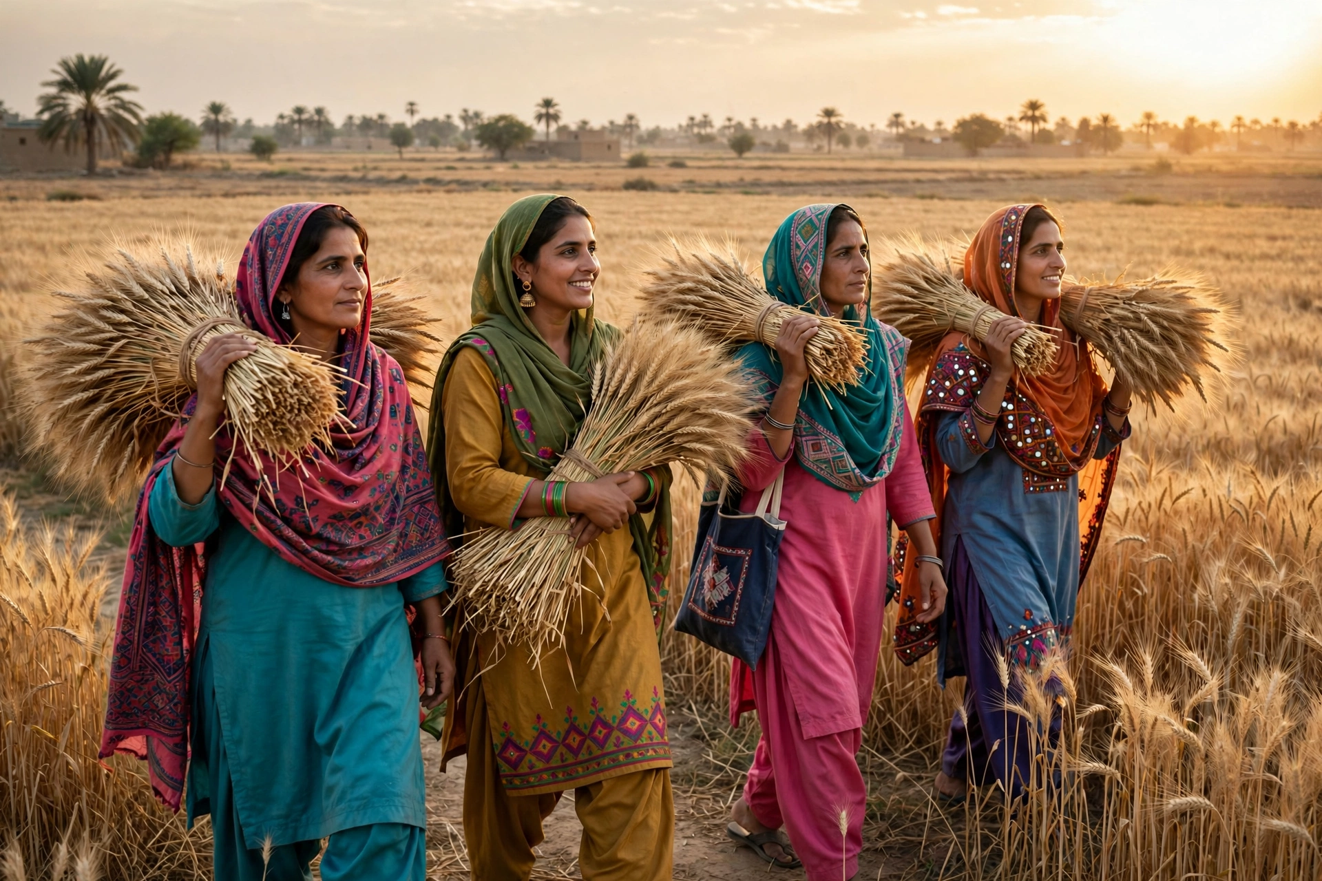 Women agriculture workers carrying wheat harvest in Sindh field