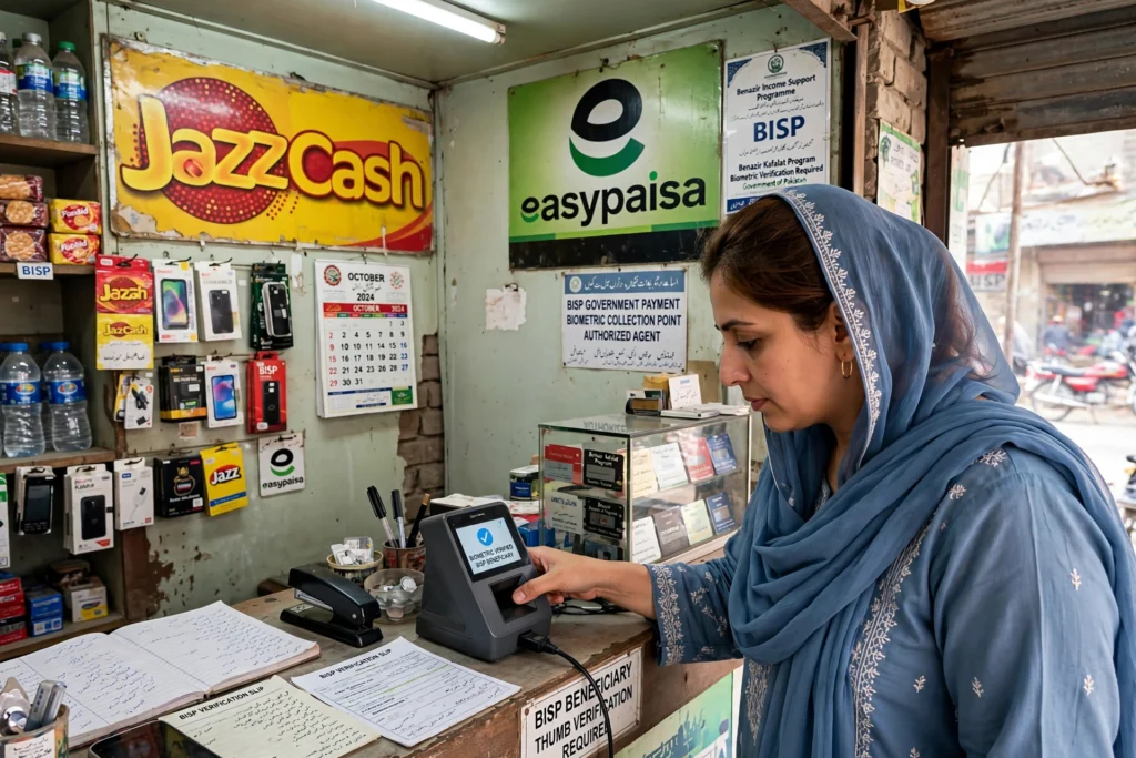 BISP payment collection through biometric verification at agent shop