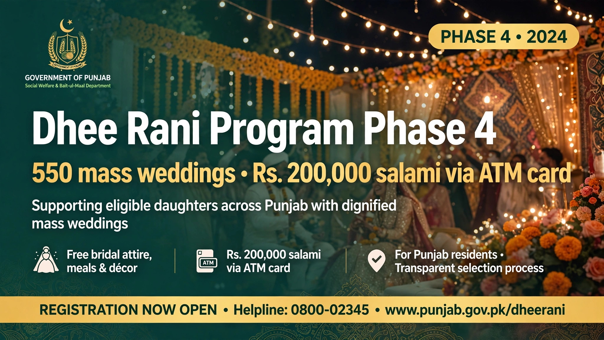 Punjab Dhee Rani Program phase 4 2026 mass weddings Rs 200000 salami