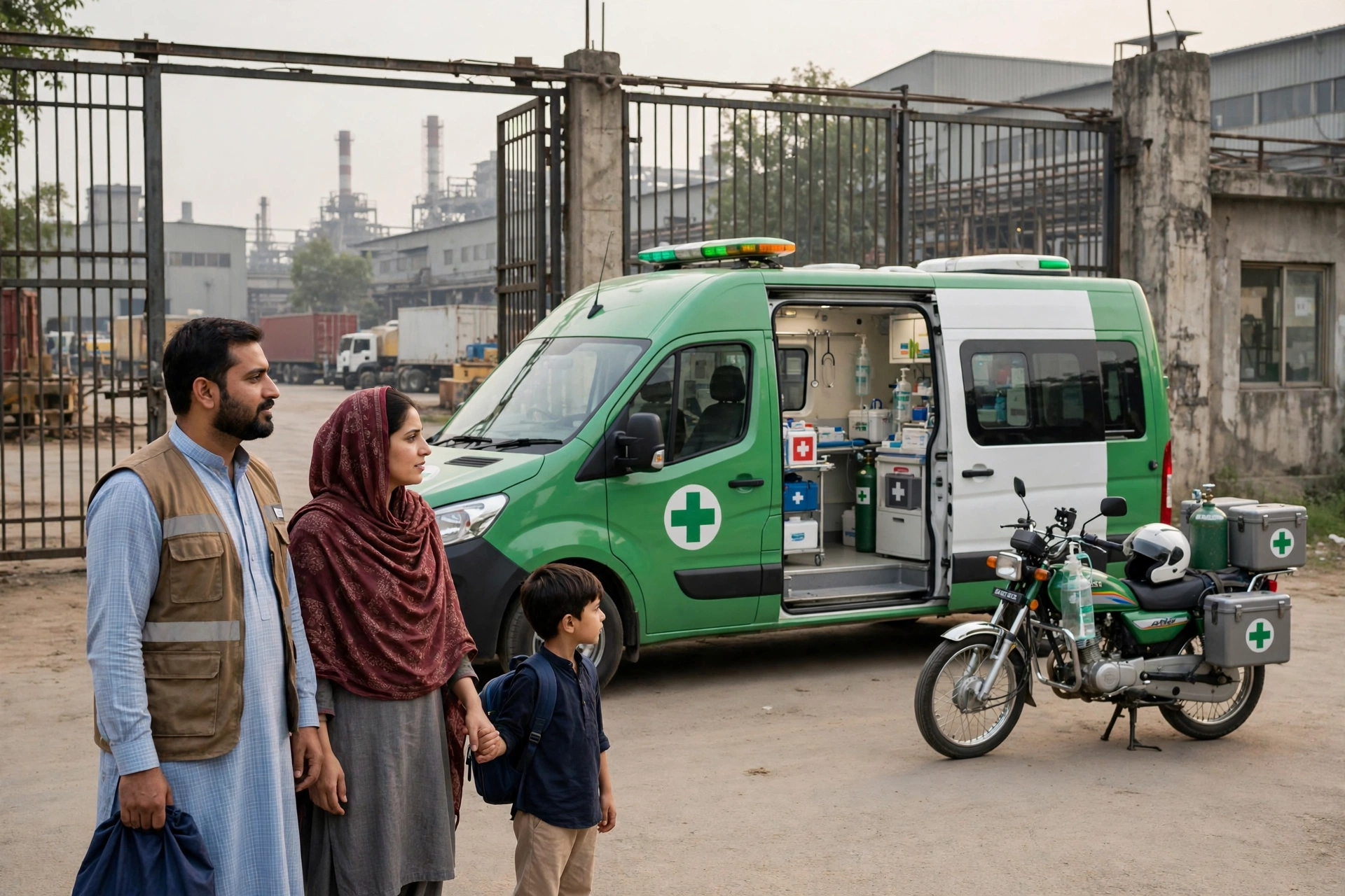 PESSI mobile health programme van and motorcycle unit outside a factory