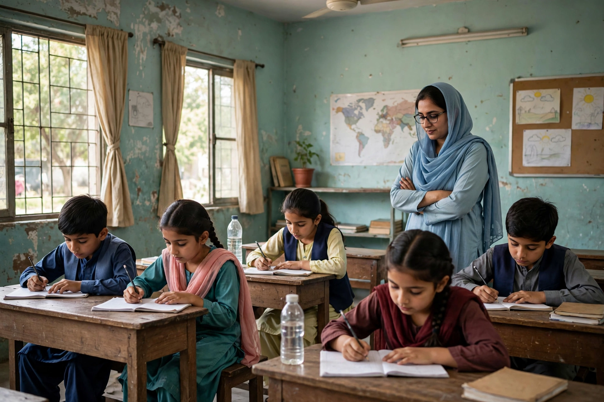 Teacher and students in a Sindh Education Foundation assisted school classroom