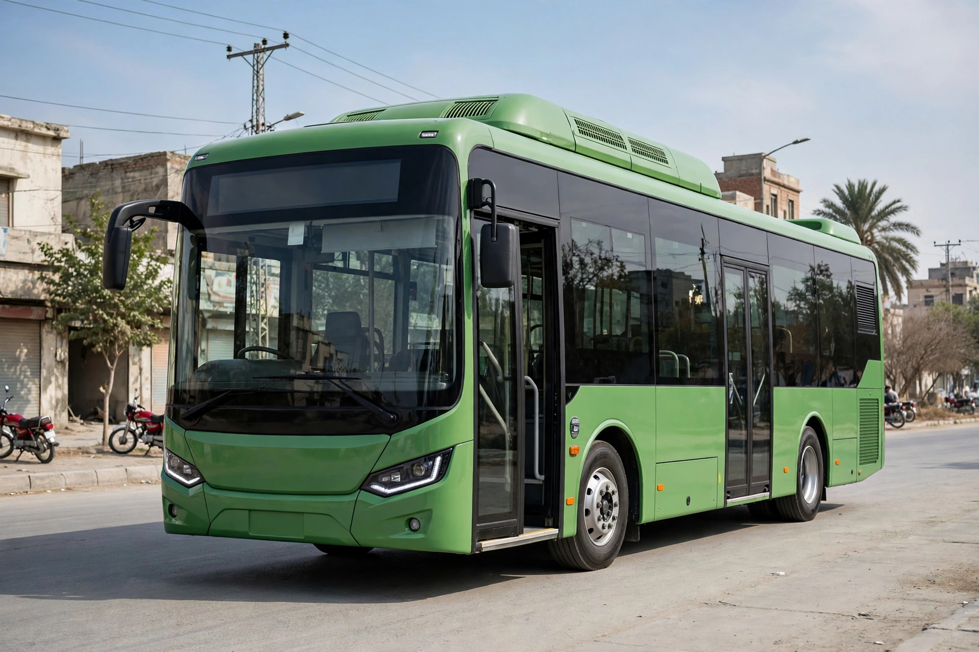 Sindh People's Bus Service green AC bus on road